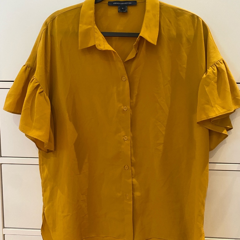 French Connection Yellow Ruffled Sleeve Button Down Blouse